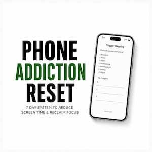 May include: A white background with the words "PHONE ADDICTION RESET" in large black and green text. Below, smaller text reads "7 DAY SYSTEM TO REDUCE SCREEN TIME & RECLAIM FOCUS." A smartphone displays a "Trigger Mapping" screen.