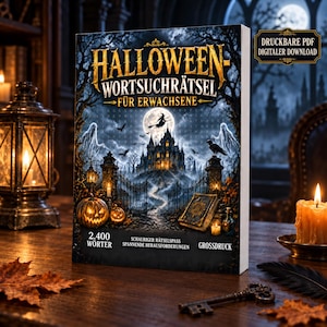 Könnte beinhalten: Ein Halloween-Wortsuchrätselbuch für Erwachsene mit einer gotischen Schlossillustration unter einem Vollmond, Geistern, Kürbissen und einer Hexe. Der Einband zeigt den Text Halloween-Wortsuchrätsel für Erwachsene, 2.400 Wörter und Grossdruck.