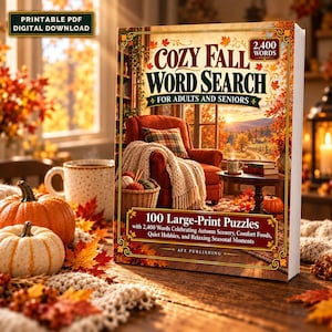 May include: A book titled Cozy Fall Word Search for Adults and Seniors with 100 Large-Print Puzzles. The cover features an illustration of a red armchair, a knit blanket, a basket of yarn, and a window view of an autumn landscape.