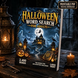 Pode incluir: Um livro de caça-palavras de Halloween para adultos com um castelo assombrado, lua cheia, bruxa, fantasmas, abóboras e um livro de feitiços. O texto diz Halloween Word Search For Adults, 2,400 Words, For Spooky Fun And Satisfying Challenges Large Print.