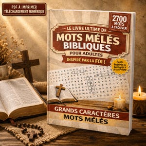 Peut inclure: Un livre intitulé Le Livre Ultime de Mots Mêlés Bibliques pour Adultes avec une couverture brune présentant une grille de mots mêlés, une croix et du texte. La couverture inclut les mentions 2700 Mots à Trouver, Inspiré par la Foi et Grands Caractères Mots Mêlés, sur un fond avec une Bible, une croix en bois et une bougie allumée.