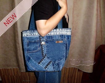 Everyday patchwork denim bag zippered, new fabric