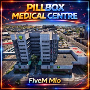 Puede incluir: Vista aérea de un centro médico de varios pisos con el texto "PILLBOX MEDICAL CENTRE" en oro y azul. El edificio tiene un diseño moderno con helipuerto y entrada de emergencia. El texto "FiveM Mlo" está en la parte inferior.