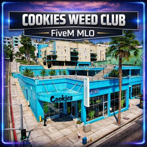 May include: An exterior shot of a turquoise building with the text "COOKIES WEED CLUB" and "FiveM MLO" in white. The building has large windows and a sign that says "Cookies". A palm tree stands in front of the building.