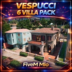 May include: An image featuring two villas with the text "VESPUCCI 6 VILLA PACK" and "FiveM Mlo". The villas are in a residential area with trees and a street. One villa is light blue, and the other is beige with a balcony.