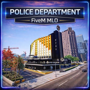 Puede incluir: Una imagen digital de un edificio moderno con el texto "POLICE DEPARTMENT" y "FiveM MLO" en la parte superior. El edificio tiene secciones naranjas, amarillas y blancas. Las letras "DPRC" son visibles en el lateral.