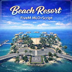 Puede incluir: Vista aérea de un resort en una isla tropical con el texto "Beach Resort" y "FiveM MLO+Script". La isla cuenta con palmeras, un helipuerto y edificios rodeados de agua turquesa bajo un cielo azul.
