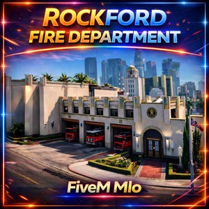 Może przedstawiać: Obraz budynku Straży Pożarnej Rockford z trzema wozami strażackimi w garażu. Tekst "ROCKFORD FIRE DEPARTMENT" znajduje się na górze, a "FiveM Mlo" na dole. Budynek jest beżowy z panoramą miasta w tle.