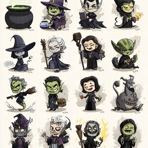 May include: A series of cartoon illustrations showcasing witches, vampires, and other spooky figures. Each character is presented in a unique pose and outfit, with diverse expressions and accessories. The overall theme is Halloween.