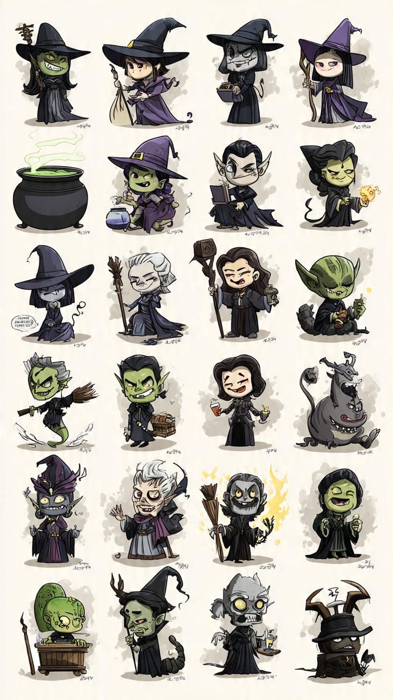 May include: A series of cartoon illustrations showcasing witches, vampires, and other spooky figures. Each character is presented in a unique pose and outfit, with diverse expressions and accessories. The overall theme is Halloween.
