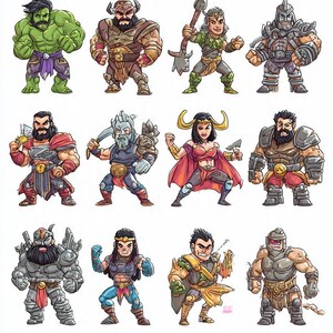 May include: Sixteen cartoon illustrations of fantasy characters, each with distinct armour, weapons, and clothing. The characters are depicted in a colourful, comic book style, with a variety of poses and expressions.