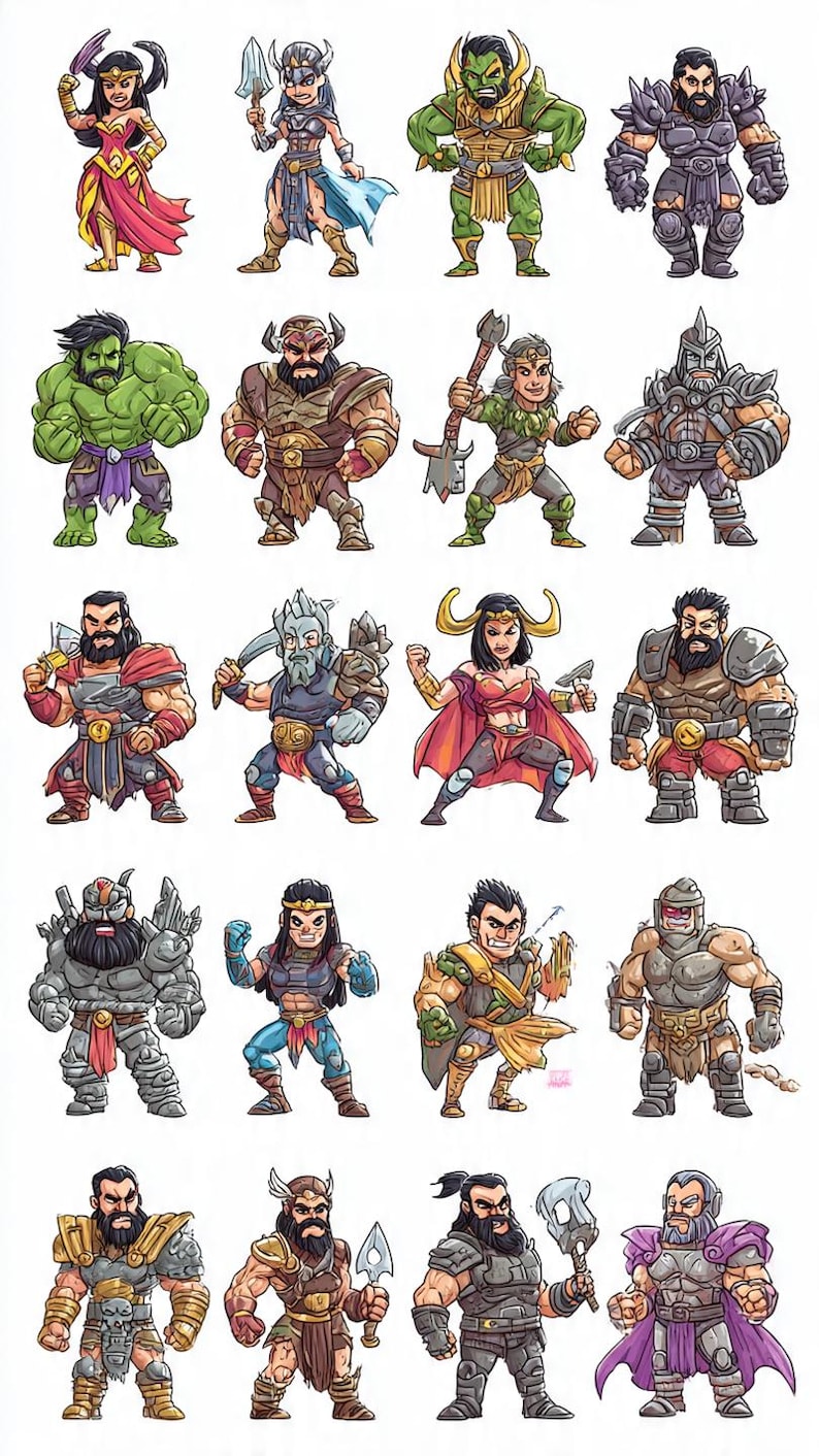 May include: Sixteen cartoon illustrations of fantasy characters, each with distinct armour, weapons, and clothing. The characters are depicted in a colourful, comic book style, with a variety of poses and expressions.