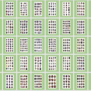 May include: A collection of small, rectangular images, each displaying a unique design. The images are set against a pale green backdrop. The designs seem to be of various characters, possibly for stickers or badges.