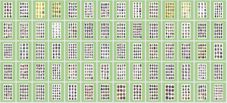 May include: A collection of small, rectangular images, each displaying a unique design. The images are set against a pale green backdrop. The designs seem to be of various characters, possibly for stickers or badges.