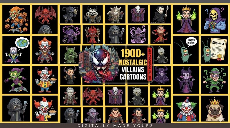 May include: A collection of cartoon villains, such as demons, clowns, and vampires, arranged in a grid. The image includes the text "1900+ NOSTALGIC VILLAINS CARTOONS" and "DIGITALLY MADE YOURS".