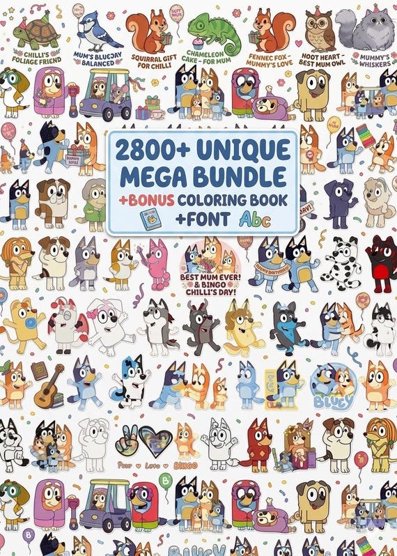 Bluey Family Cartoon Dog Stickers Mega Bundle | PNG Clipart, Coloring Pages (Digital Download)