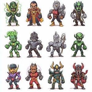 May include: Twenty cartoon superhero characters are depicted, each with distinct costumes and poses. The illustrations use a variety of colours, including red, green, gold, and purple. Some characters are holding weapons or have energy effects.
