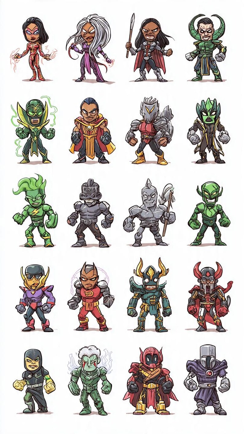 May include: Twenty cartoon superhero characters are depicted, each with distinct costumes and poses. The illustrations use a variety of colours, including red, green, gold, and purple. Some characters are holding weapons or have energy effects.