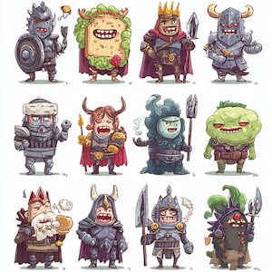 May include: A colourful illustration of cartoon knights and warriors in a grid. Each character has unique armour, weapons, and expressions. The artwork uses a vibrant palette of blues, greens, and reds, creating a playful and engaging visual.