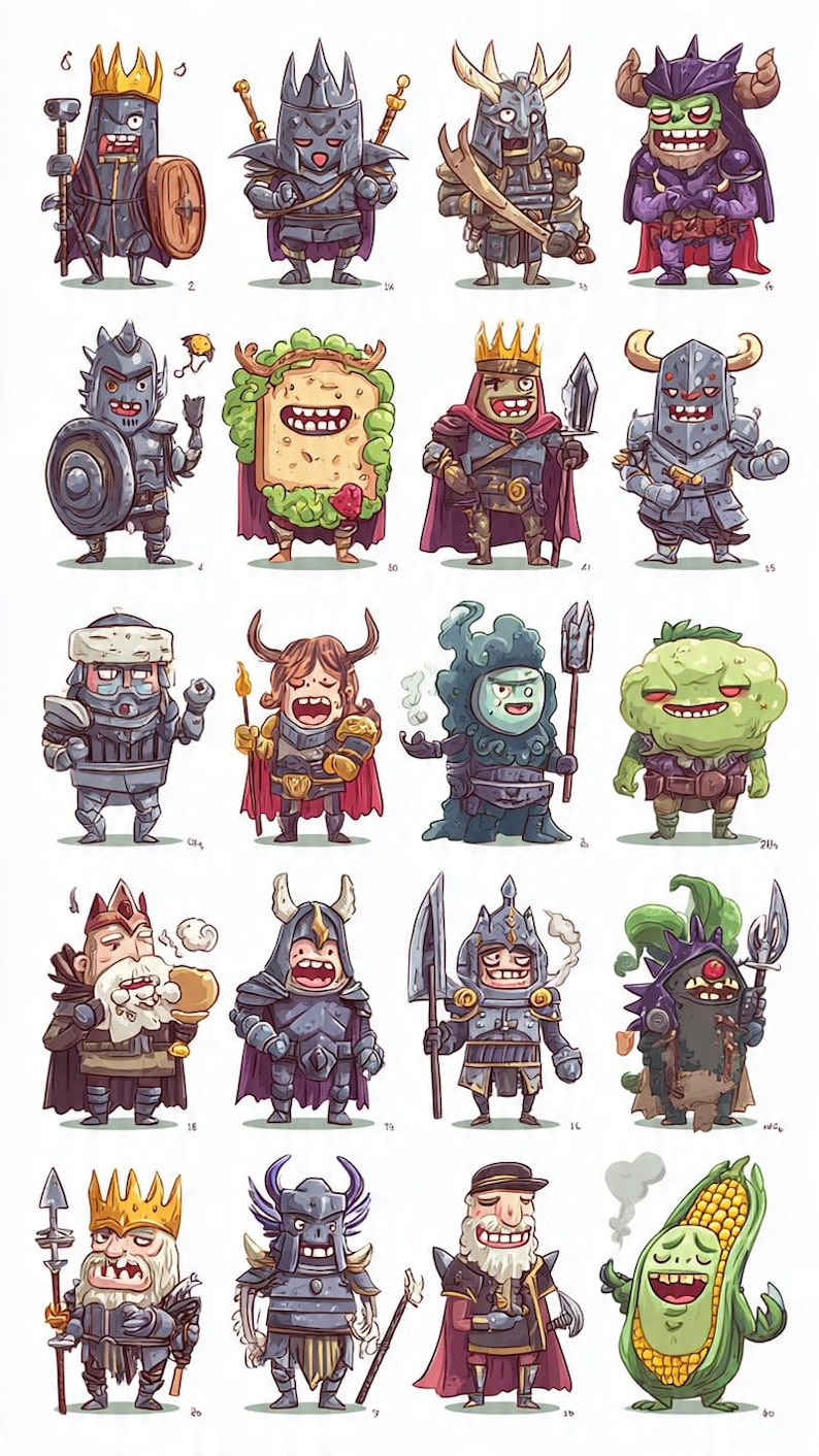 May include: A colourful illustration of cartoon knights and warriors in a grid. Each character has unique armour, weapons, and expressions. The artwork uses a vibrant palette of blues, greens, and reds, creating a playful and engaging visual.