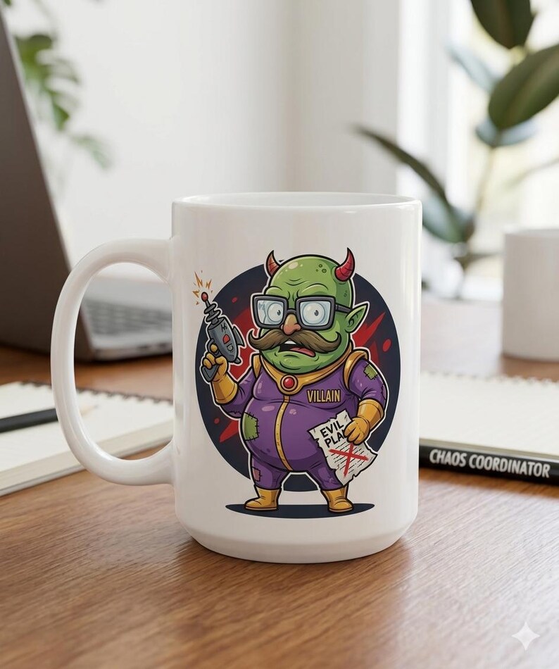 May include: White ceramic mug with a cartoon villain design. The villain is green with horns, glasses, and a mustache, holding a ray gun and a paper that says "EVIL PLAN". The mug has a large handle and a black and red background.
