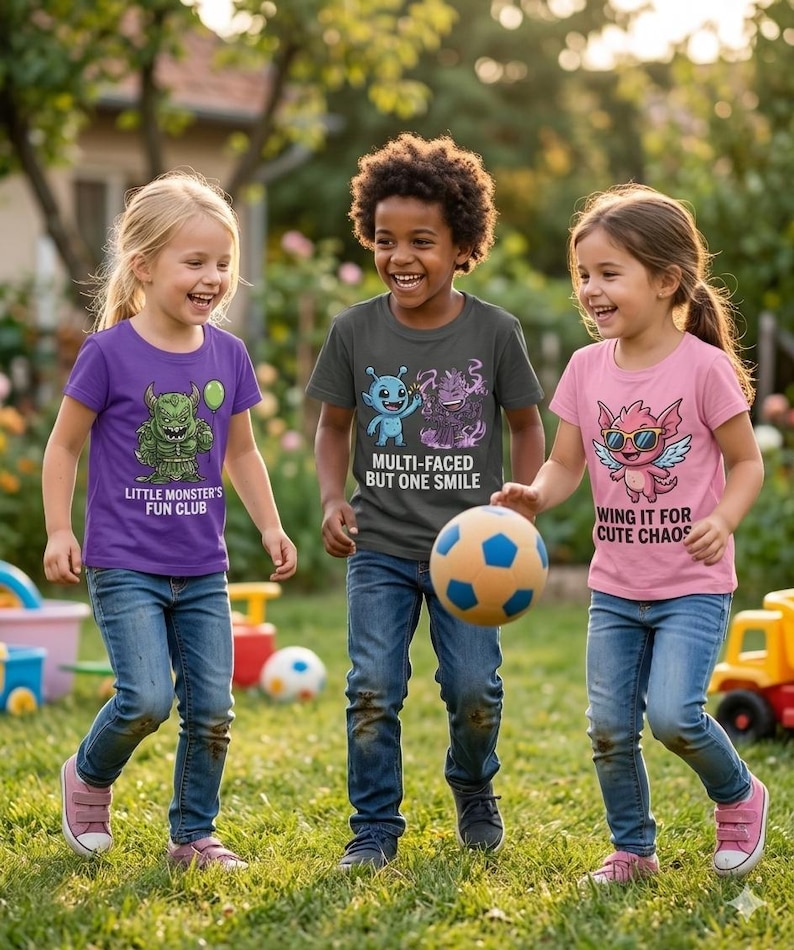 May include: Three children in a garden, wearing graphic t-shirts and jeans, play with a football. The shirts are purple, grey, and pink, each with a monster design and text: "Little Monster's Fun Club", "Multi-Faced But One Smile", and "Wing It For Cute Chaos".