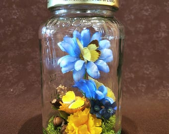 Yellow Butterfly Oddity Jar with Blue Flowers: Repurposed Bottle, Vintage Insect Specimens
