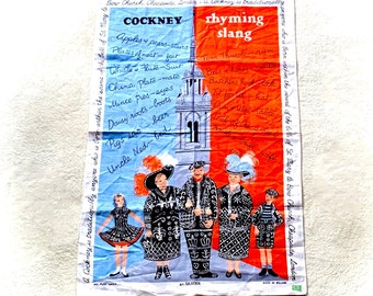 Vintage Tea Towel Cockney Rhyming Slang 1970's era Linen Ulster Weavers Tea Towel Made in Ireland Like New Condition Cockney Pearlies London