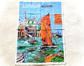 Vintage Tea Towel Wapping London Docks 1970's era Linen Tea Towel Made in Ireland Like New Condition London East End