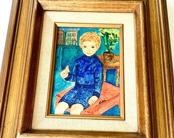 Vintage Painting of Boy Framed 1970's Era Signed Portrait of Young Child Seated in Living Room Bright Colors Outsider Artist Painting of Boy