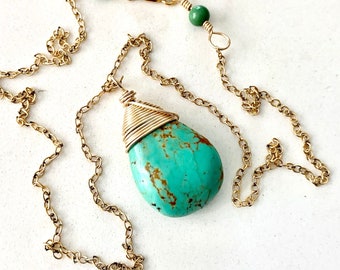 Genuine Turquoise Pendant Necklace on Delicate Gold Chain New Mexico Smooth Teardrop Stone w/ 14k Gold Fill Wire Wrap Handmade Necklace