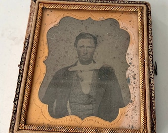 Antique TinType Photograph 1/6 Plate 19th Century Portrait of Man in Copper Matte Preserver Leather Bound Carrying Case Tin Type
