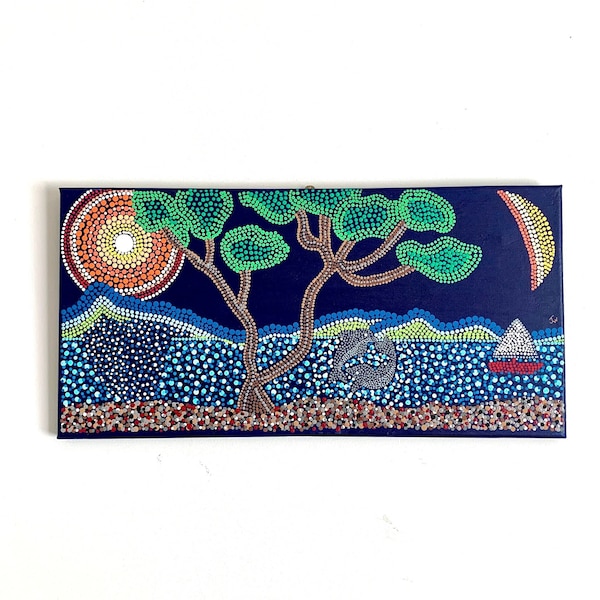 Vintage Dot Painting Seascape w/ Sun, Moon, Trees and Dolphins Colorful Horizontal Original Folk Painting Outsider Art work 20" x 10"