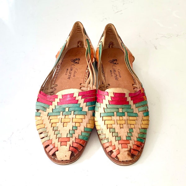 Vintage Huaraches Multi Color Rainbow Shoes Handmade in Mexico Calzado Cimarron Leather Closed Toe Women's Huarache Shoes Size 9.5 or 10