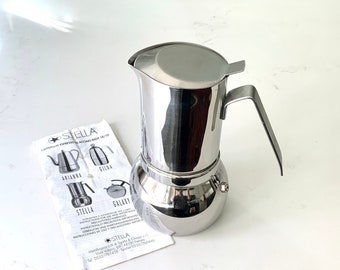 Vintage STELLA Moka Pot Espresso Coffee Maker Size 6 Stainless Steel Inox Lux Prodotti Stella Made in Italy w/ Owner's Manual