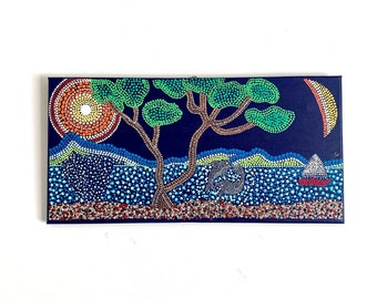 Vintage Dot Painting Seascape w/ Sun, Moon, Trees and Dolphins Colorful Horizontal Original Folk Painting Outsider Art work 20" x 10"