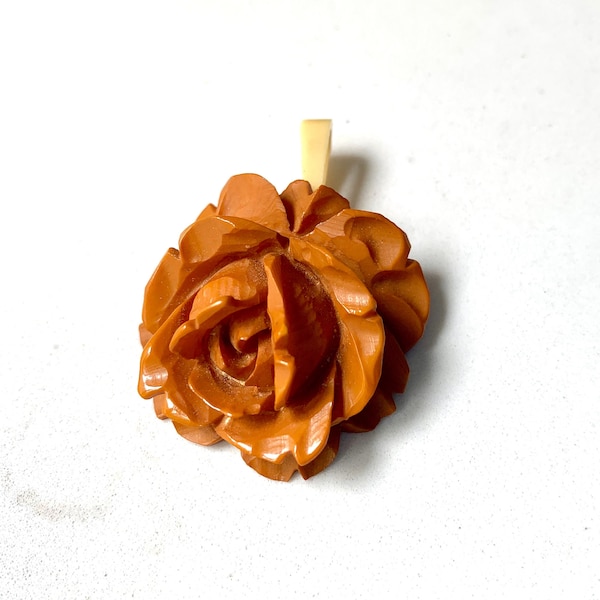 Vintage Rose Pendant 1940's era Carved Bakelite Flower Butterscotch Color on Celluloid Bail Art Deco era Jewelry Making Supply