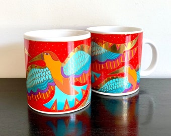 Pair of Laurel Burch Mugs Celestial Birds Red Turquoise Gold Eagles Vintage 90's era Mug 12 ounce Size