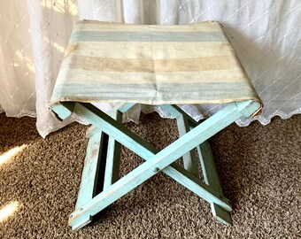 Vintage Camping Stool Small Wooden Folding Bench with Aqua Blue Distressed Paint and Canvas Fabric Seat 1950's era Outdoor Seating