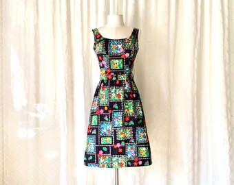 Vintage Lanz Originals Dress 1970's era Flower Power Mod Dress Black with Bright Flowers Sleeveless Summer Dress XS size 24" Waist