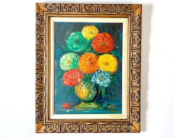 Vintage Still Life Painting Flowers in Vase Bright Jewel Tone Colors Signed C. Radoff 1968 Large Framed Original Oil Painting Mod 60's Art