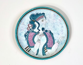 Vintage Greek Plate Museum Copy Handmade in Greece Decorative Wall Hanging Greek Warrioress in Pose About 1500 B.C.