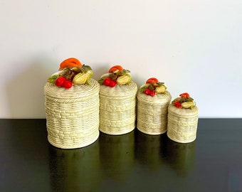 Vintage Set of 4 Canisters Lefton Ceramic 7065 Series Pale Green Basket Weave with Bounty of Vegetables Tops 70's era Decor Glazed Canisters