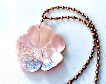 Pink Mother of Pearl Shell Necklace Iridescent Pink Flower Pendant on Pink Pearl Bead Strand w/ Tiny Burgundy Accents 14k Gold Fill Clasp