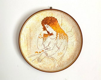 Vintage Greek Plate Museum Copy Handmade in Greece Decorative Wall Hanging Golden Haired Greek Goddess in Pose About 1500 B.C.