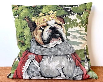 Vintage Dog Pillow Belgian Tapestry Cover + Insert Dog Arthur Flemish Tapestry Pillowcase Bulldog Traditional Costume Flanders Belgium Art