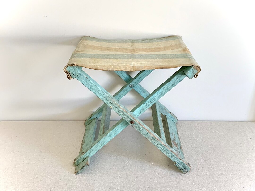 Vintage Camping Stool Small Wooden Folding Bench W/ Aqua Blue
