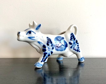 Vintage Cow Creamer Hand Painted Blue Windmill Motif Cow Creamer with Blue Flowers White Glaze