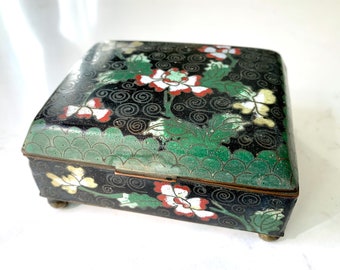 Vintage Cloisonné Trinket Box w/ Handwritten Friendship Letter, Footed Ring Box from China 1940's era Black Metal w/ Flowers & Spiral Motif