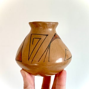 Vintage Small Mata Ortiz Round Bottom Vase from Mexico Traditional Small Clay Vase w/ Black & Red Geometric Design